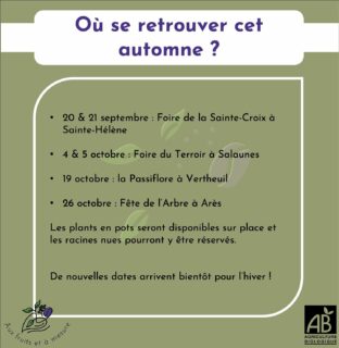 Ça y est, c’est la reprise ! Je serai sur quelques foire cet automne 🍂 d’autres dates arrivent pour cet hiver ❄️
#pepinierefruitiere #permaculture #jardinforet #foretcomestible #jardinfruitier #verger #agriculturebiologique #agriculturepaysanne