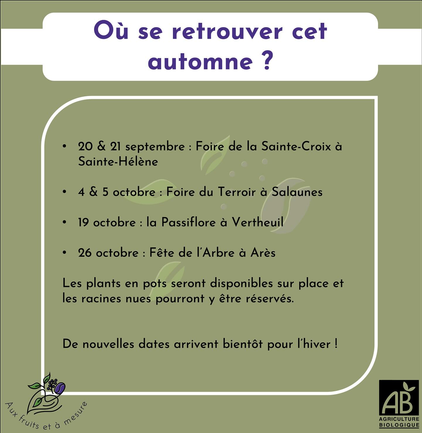 Ça y est, c’est la reprise ! Je serai sur quelques foire cet automne 🍂 d’autres dates arrivent pour cet hiver ❄️
#pepinierefruitiere #permaculture #jardinforet #foretcomestible #jardinfruitier #verger #agriculturebiologique #agriculturepaysanne