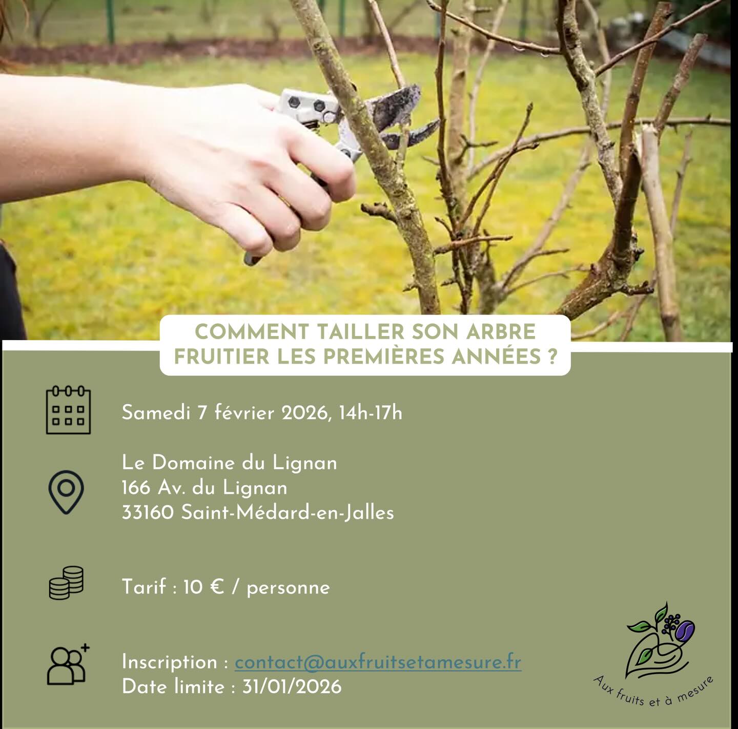 📣 avec la nouvelle année, c’est le retour des ateliers !
Pour commencer, je vous propose de découvrir les bases de la taille de formation des arbres fruitiers le samedi 7 février, au Domaine du Lignan à Saint-Médard-en-Jalles (le domaine se situe à proximité de Salaunes).
On y abordera le fonctionnement des arbres fruitiers, les différentes tailles existantes et nous mettrons cela en pratique sur les arbres du verger 🌳
Pour vous inscrire, il suffit de me contacter par mail / téléphone / réseaux sociaux.
#verger #permaculture #taille #foretcomestible