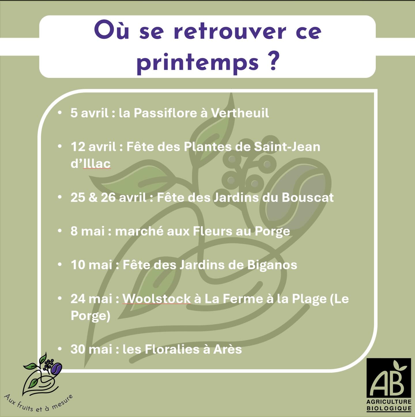 🙈 petite erreur & nouvelle date 📅
Petite erreur sur le dernier partage des foires du printemps : la foire de la Passiflore à Vertheuil a lieu le dimanche 5 avril et non le 6 ! Un superbe lieu pour une superbe fête des plantes 🌱 on s’y retrouve dimanche !
📆 Ajout également d’une date : le 8 mai au vide grenier du Porge, un très chouette événement à ne pas manquer !
#consommerlocal #permaculture #jardinforet #foretcomestible #agroecologie
